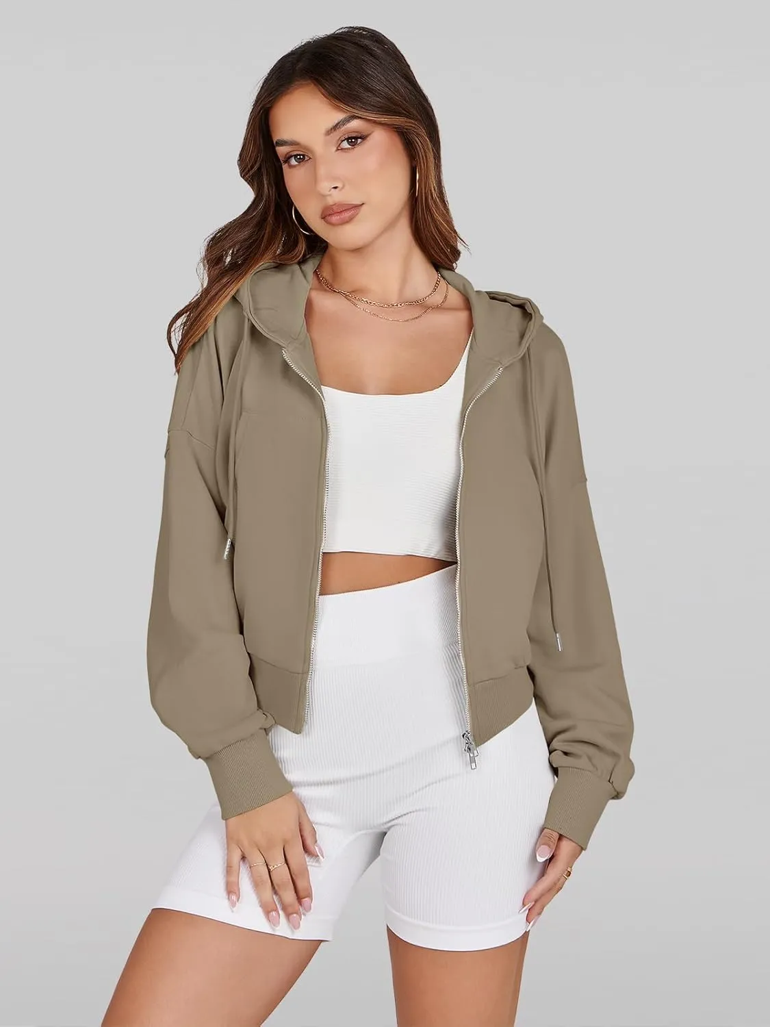 Fisoew Women's Crop Zip Up Hoodies Casual Long Sleeve Hooded Cropped Sweatshirts with Pockets