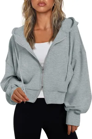Fisoew Women's Crop Zip Up Hoodies Casual Long Sleeve Hooded Cropped Sweatshirts with Pockets