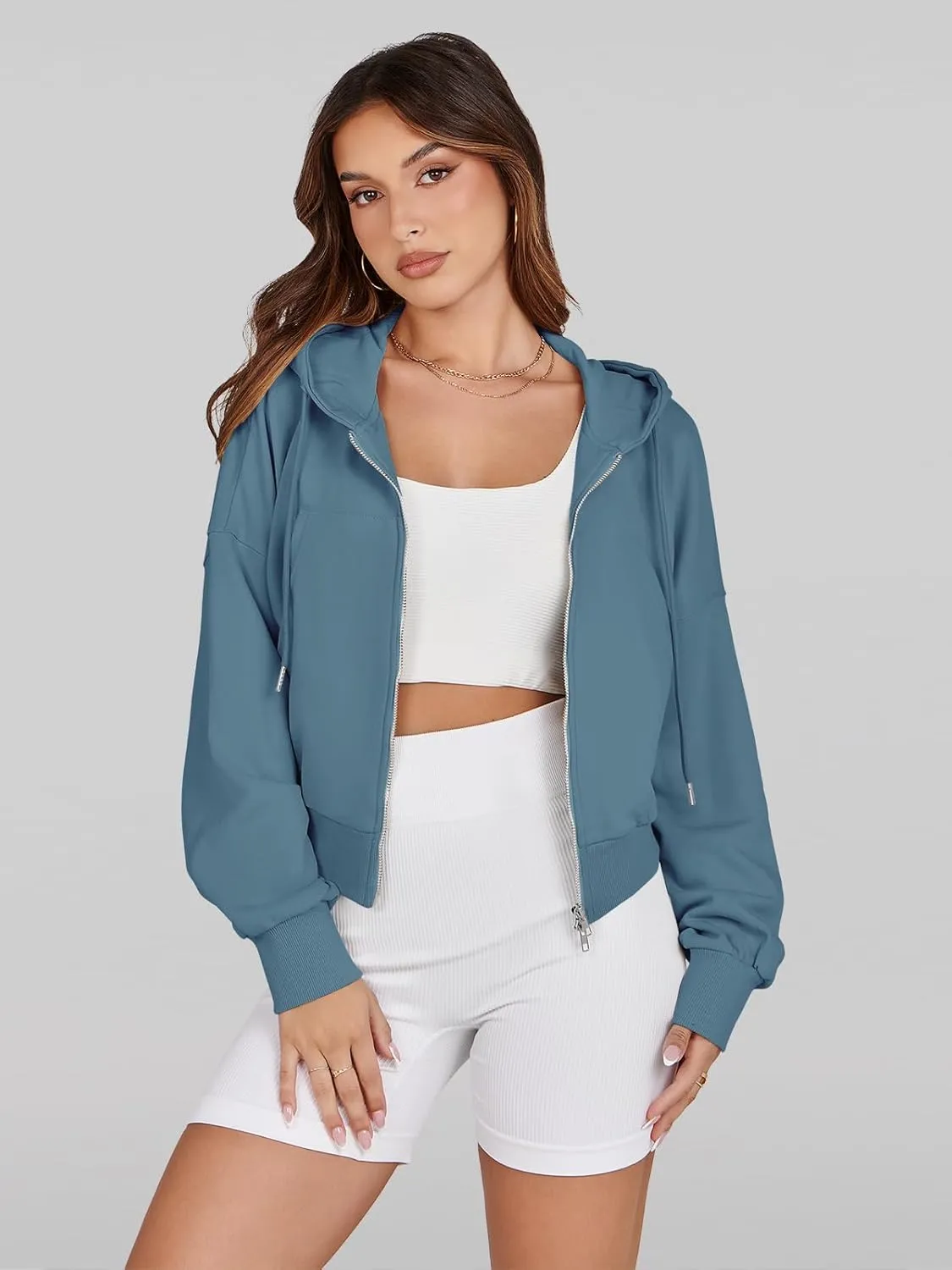 Fisoew Women's Crop Zip Up Hoodies Casual Long Sleeve Hooded Cropped Sweatshirts with Pockets