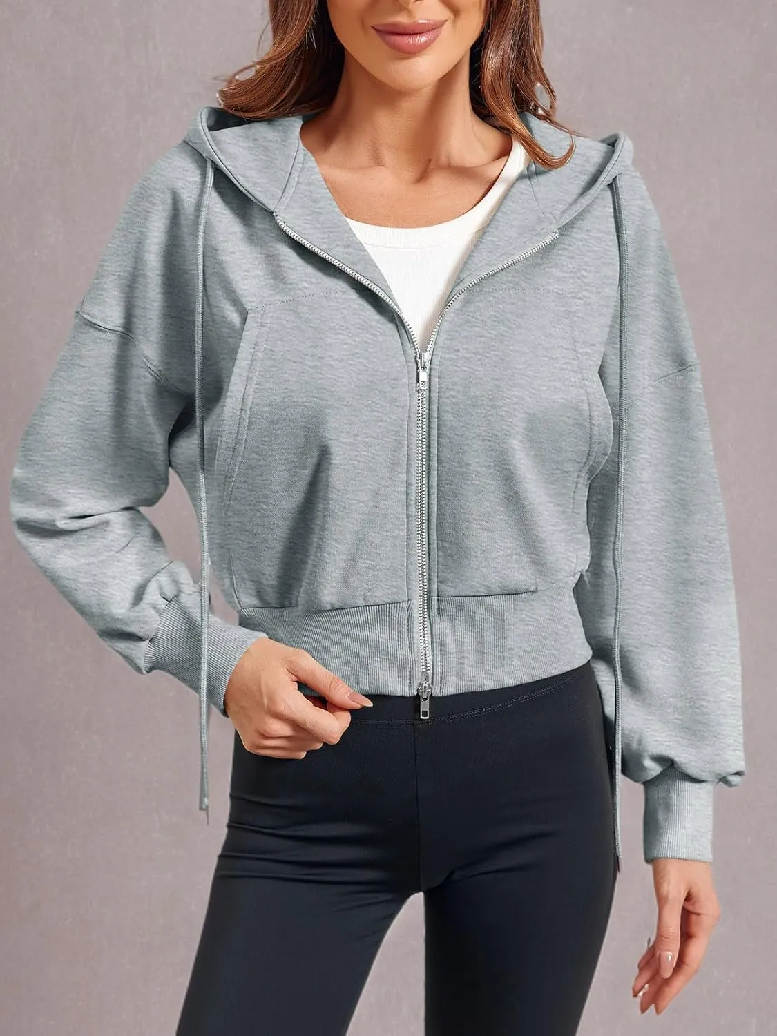 Fisoew Women's Crop Zip Up Hoodies Casual Long Sleeve Hooded Cropped Sweatshirts with Pockets
