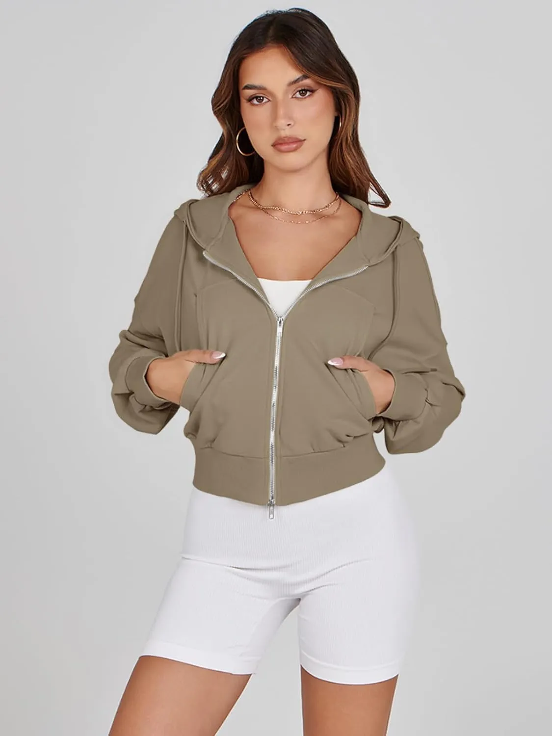 Fisoew Women's Crop Zip Up Hoodies Casual Long Sleeve Hooded Cropped Sweatshirts with Pockets