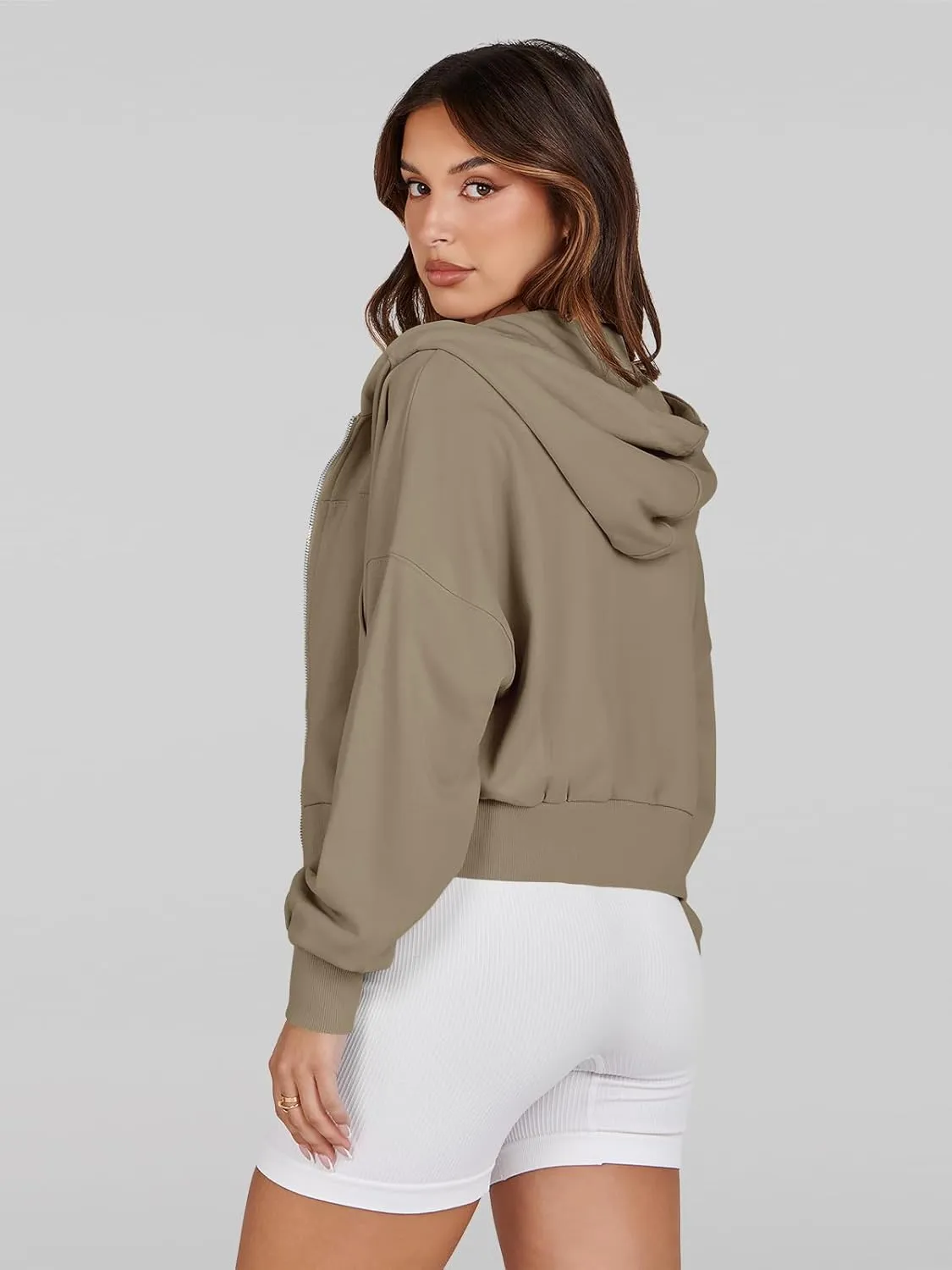 Fisoew Women's Crop Zip Up Hoodies Casual Long Sleeve Hooded Cropped Sweatshirts with Pockets