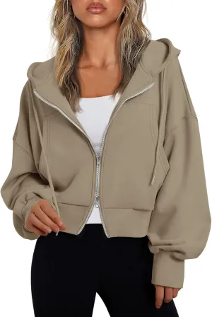 Fisoew Women's Crop Zip Up Hoodies Casual Long Sleeve Hooded Cropped Sweatshirts with Pockets