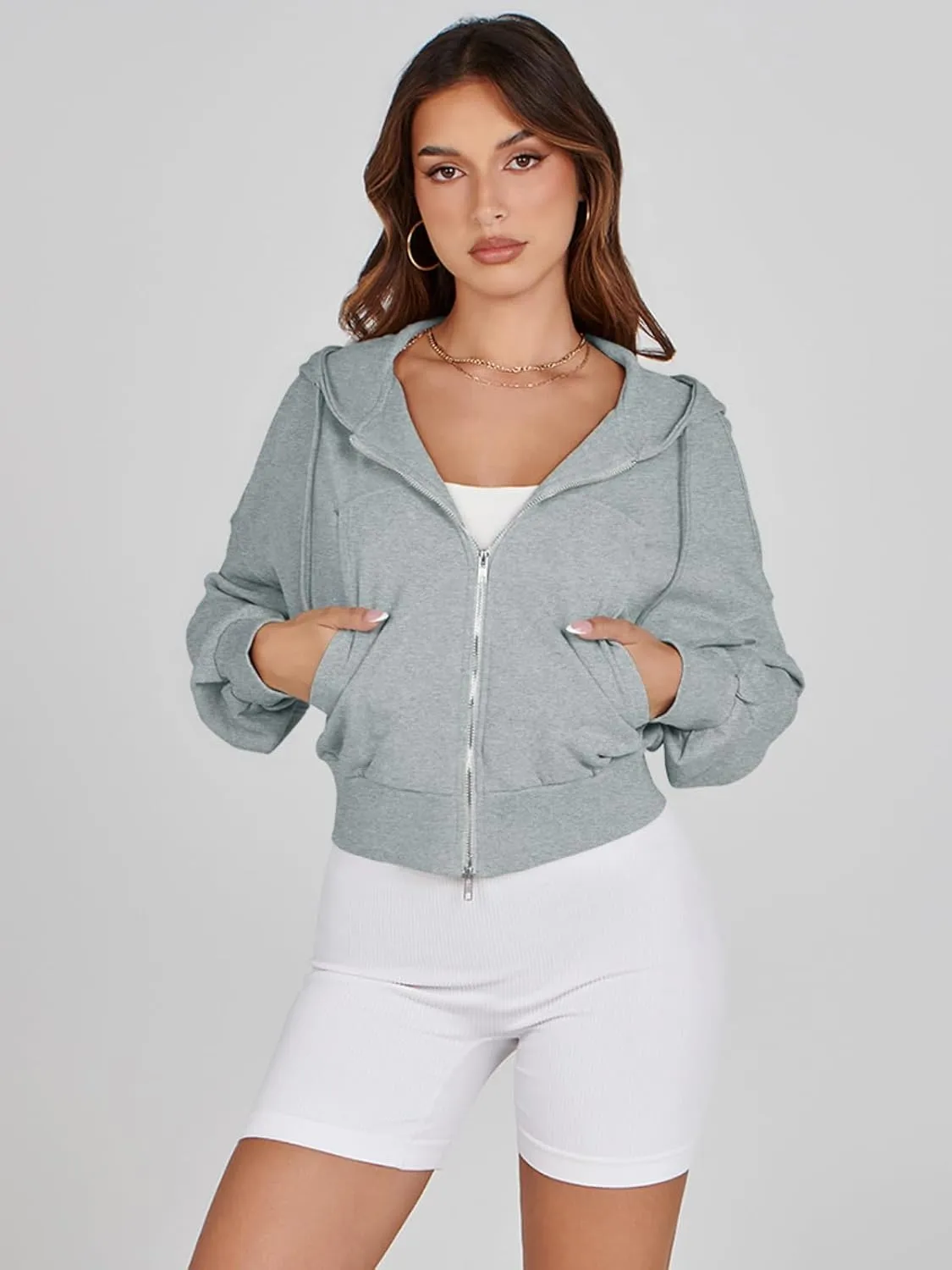 Fisoew Women's Crop Zip Up Hoodies Casual Long Sleeve Hooded Cropped Sweatshirts with Pockets