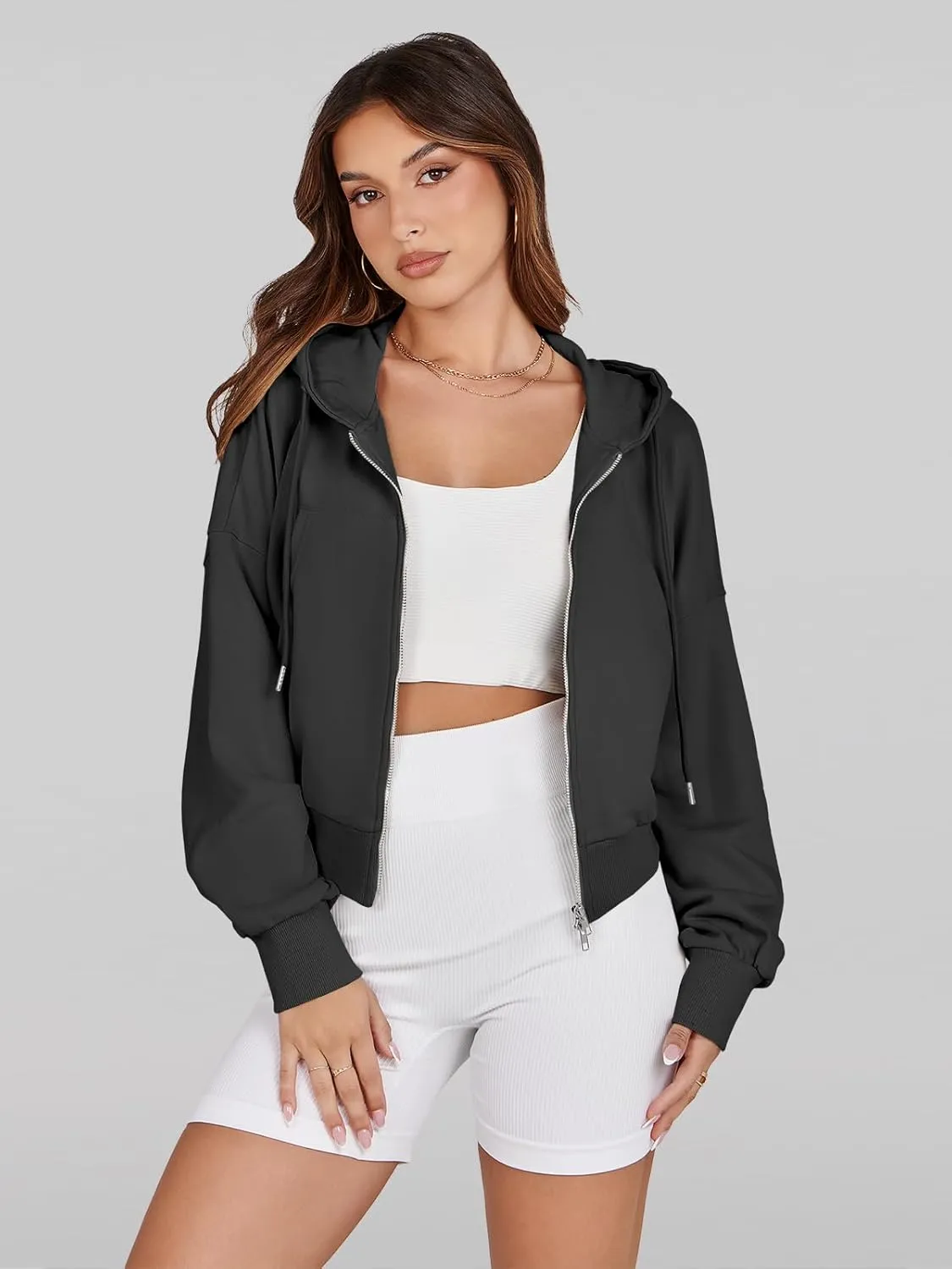 Fisoew Women's Crop Zip Up Hoodies Casual Long Sleeve Hooded Cropped Sweatshirts with Pockets