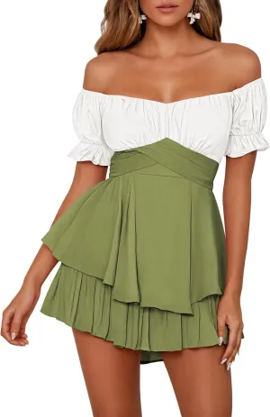 Fixmatti Women's Color Block Romper Off The Shoulder Short Sleeve Ruffle Jumpsuits Playsuit