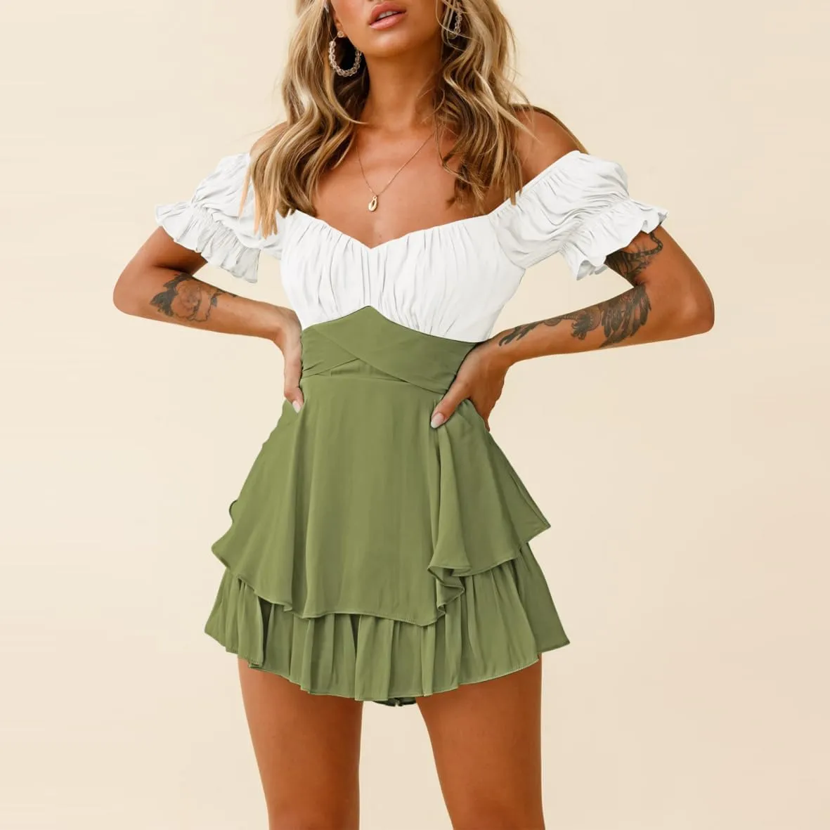Fixmatti Women's Color Block Romper Off The Shoulder Short Sleeve Ruffle Jumpsuits Playsuit
