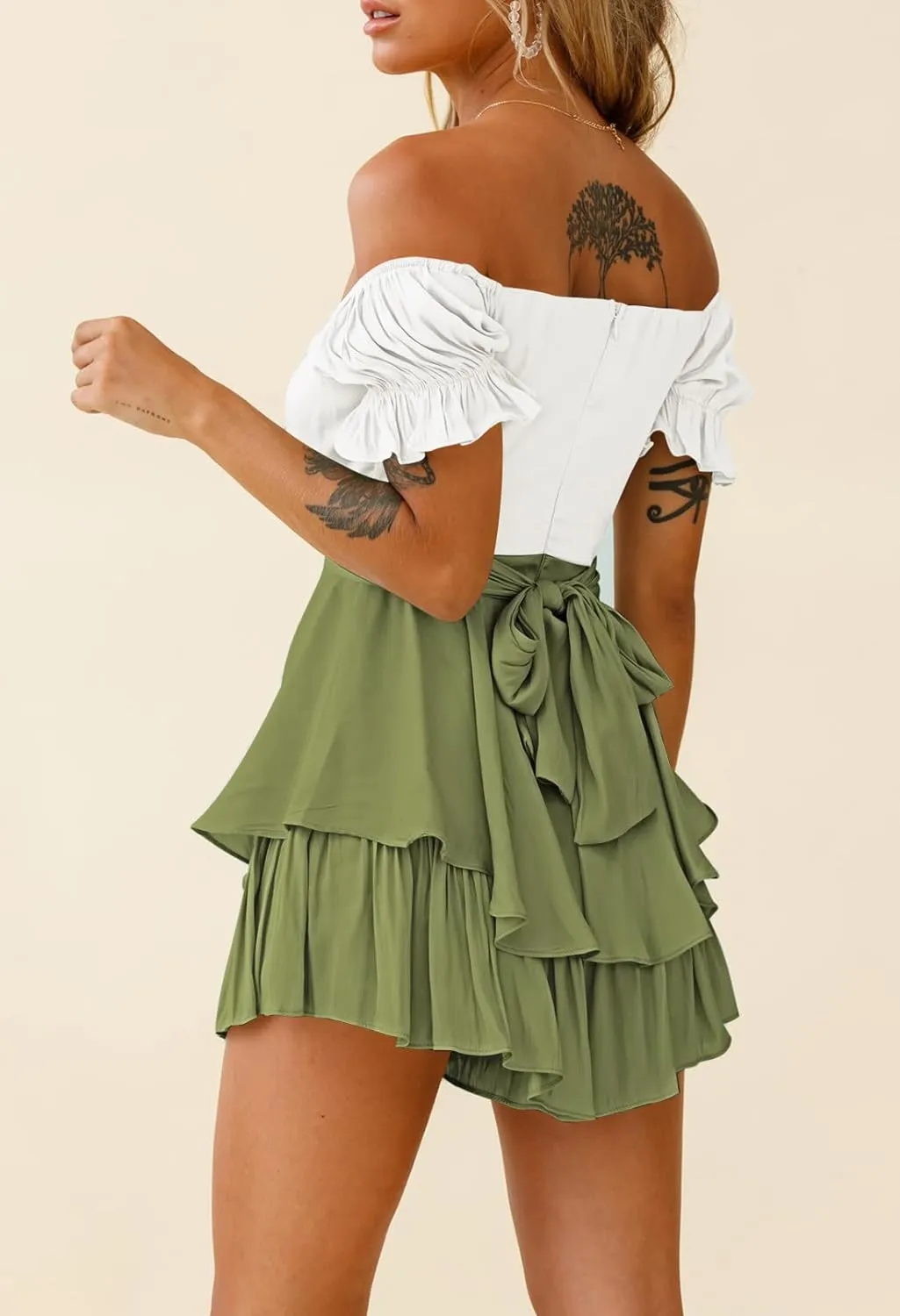 Fixmatti Women's Color Block Romper Off The Shoulder Short Sleeve Ruffle Jumpsuits Playsuit