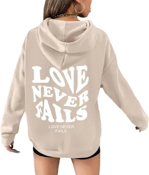 Fkatuzi Women Graphic Zip Up Love Never Fails Hoodie Aesthetic Preppy Sweatshirt Cotton Jacket Fleece Letter Print Zipper Top