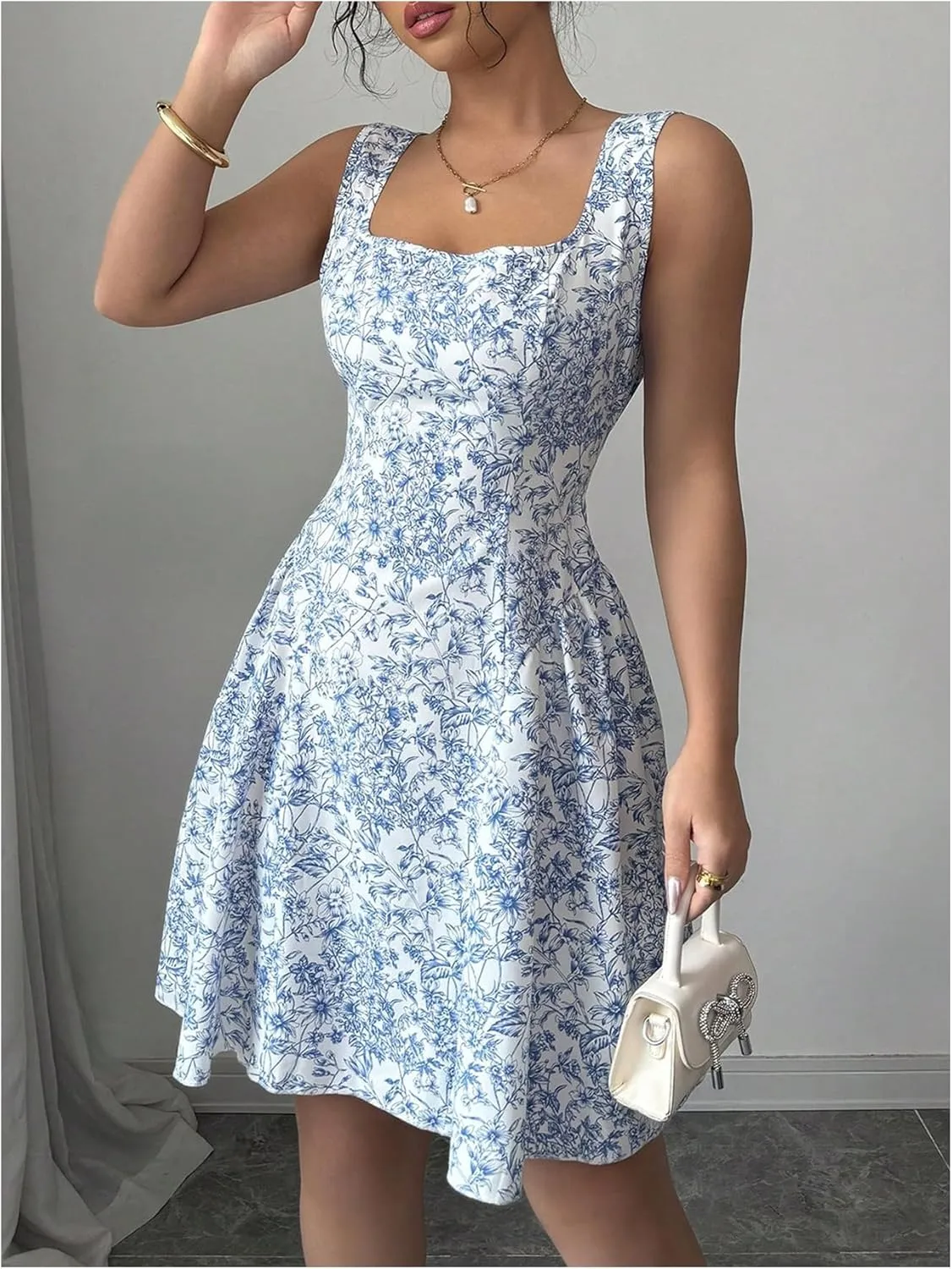 Floerns Women's Floral Bowknot Tie Back A Line Dress Square Neck Mini Dresses