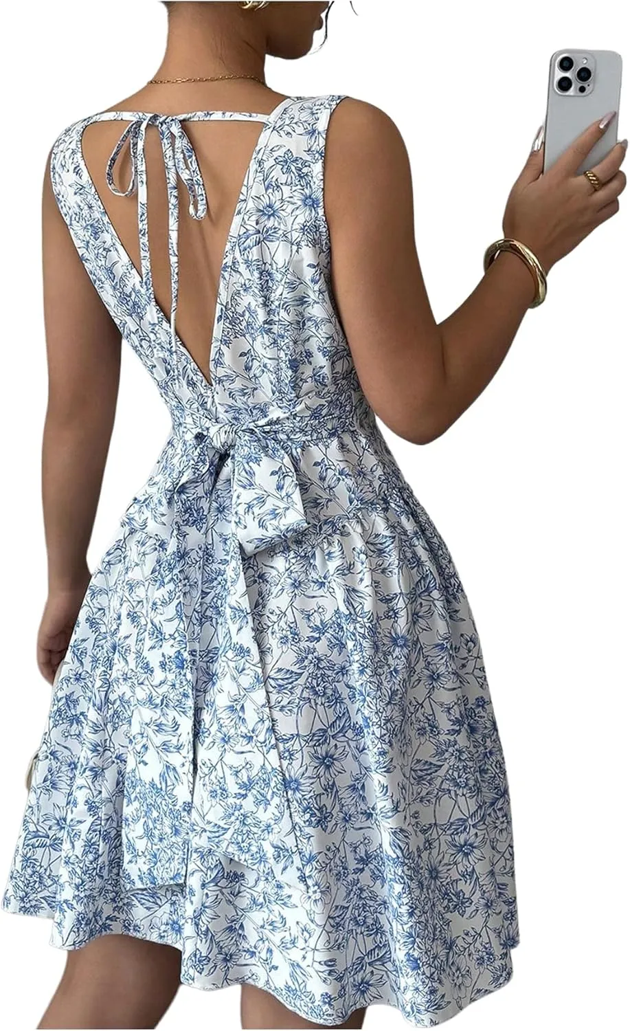 Floerns Women's Floral Bowknot Tie Back A Line Dress Square Neck Mini Dresses
