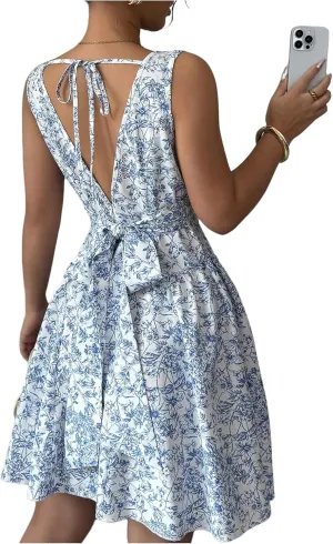 Floerns Women's Floral Bowknot Tie Back A Line Dress Square Neck Mini Dresses
