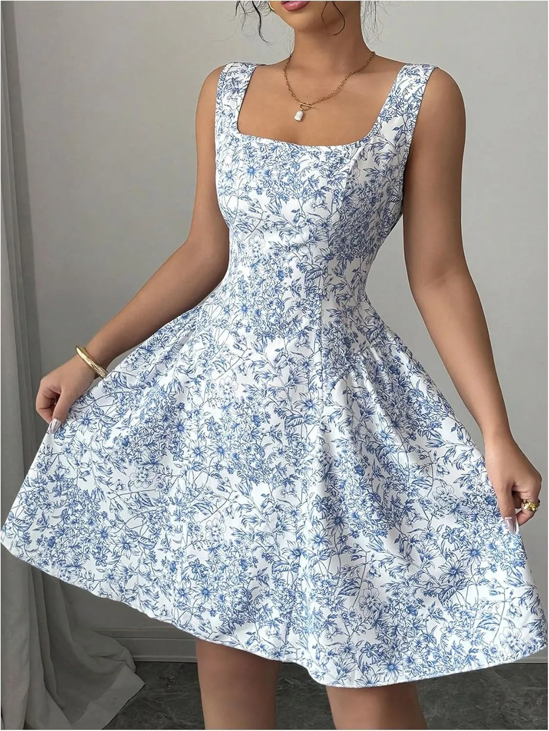 Floerns Women's Floral Bowknot Tie Back A Line Dress Square Neck Mini Dresses