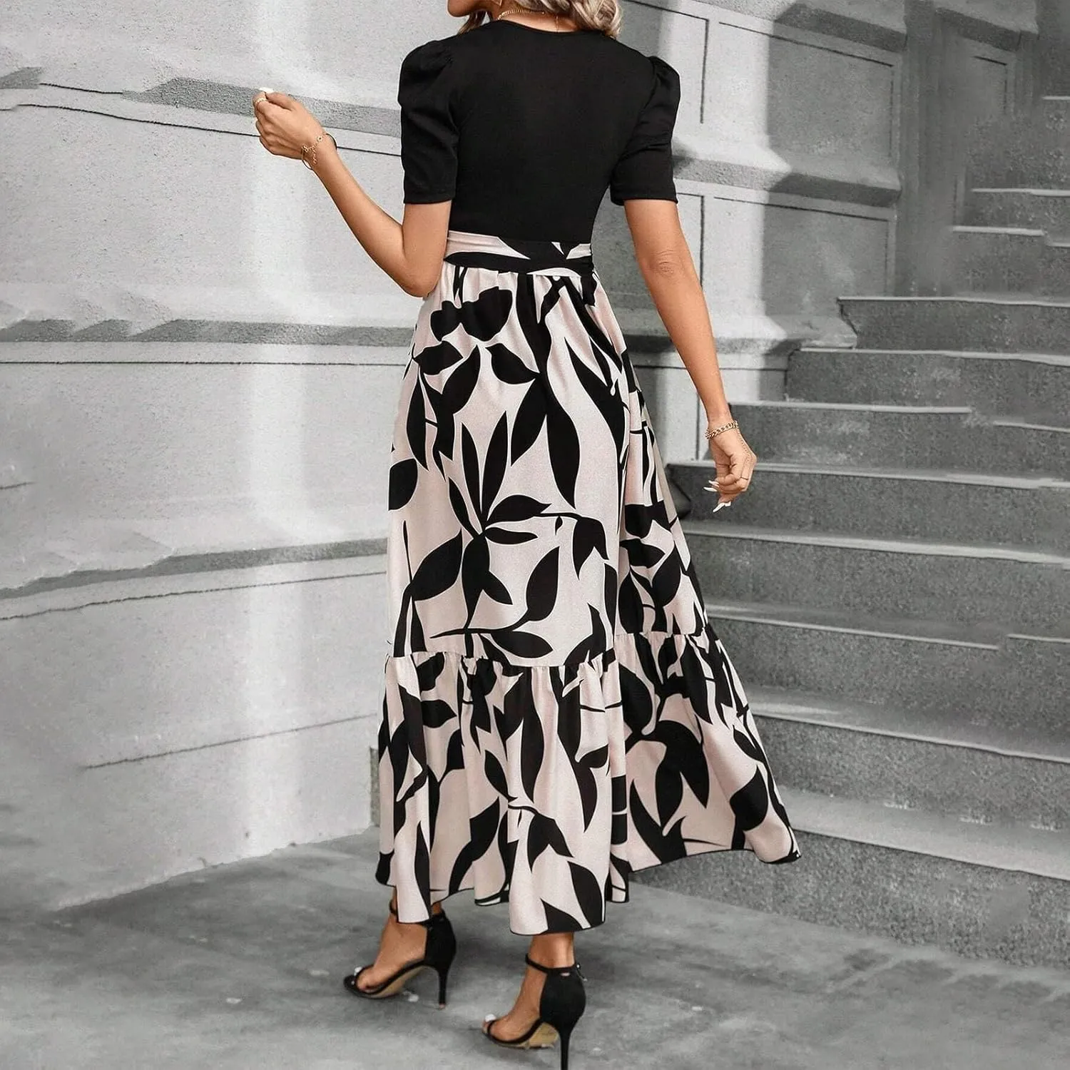Floral Dress for Women Summer Puff Sleeve Patchwork Empire Waist Maxi Dresses Graduation Belt Crewneck Boho Sundress