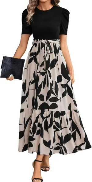 Floral Dress for Women Summer Puff Sleeve Patchwork Empire Waist Maxi Dresses Graduation Belt Crewneck Boho Sundress