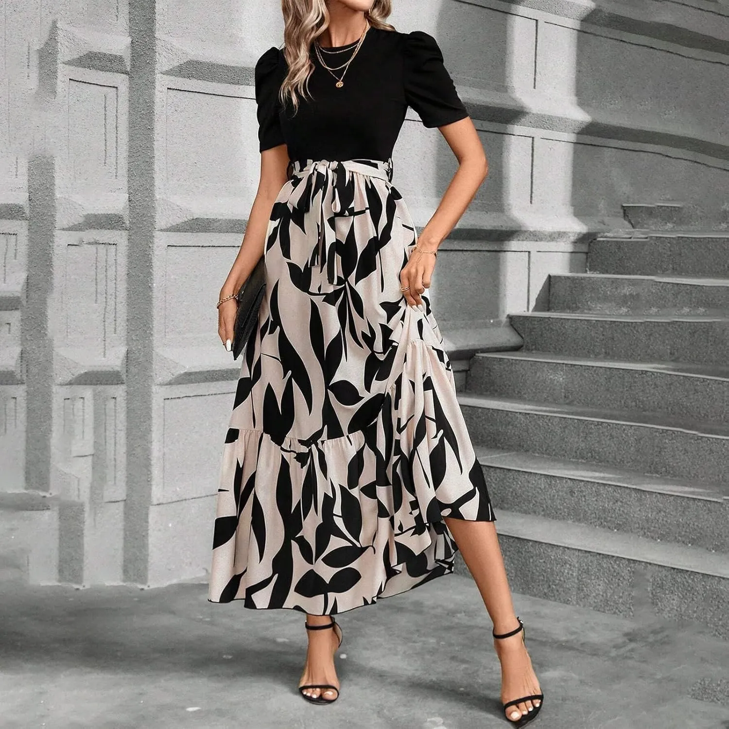 Floral Dress for Women Summer Puff Sleeve Patchwork Empire Waist Maxi Dresses Graduation Belt Crewneck Boho Sundress