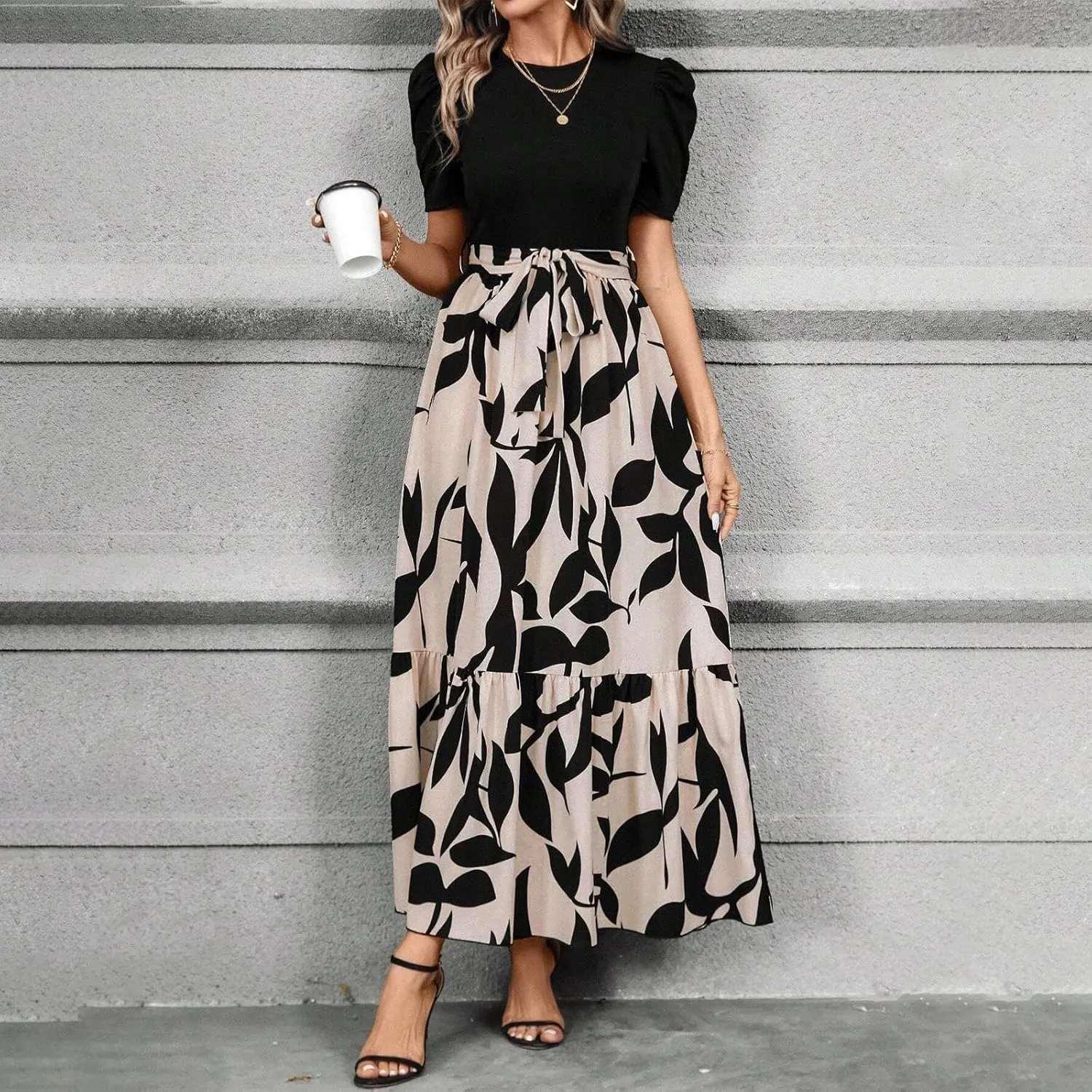 Floral Dress for Women Summer Puff Sleeve Patchwork Empire Waist Maxi Dresses Graduation Belt Crewneck Boho Sundress