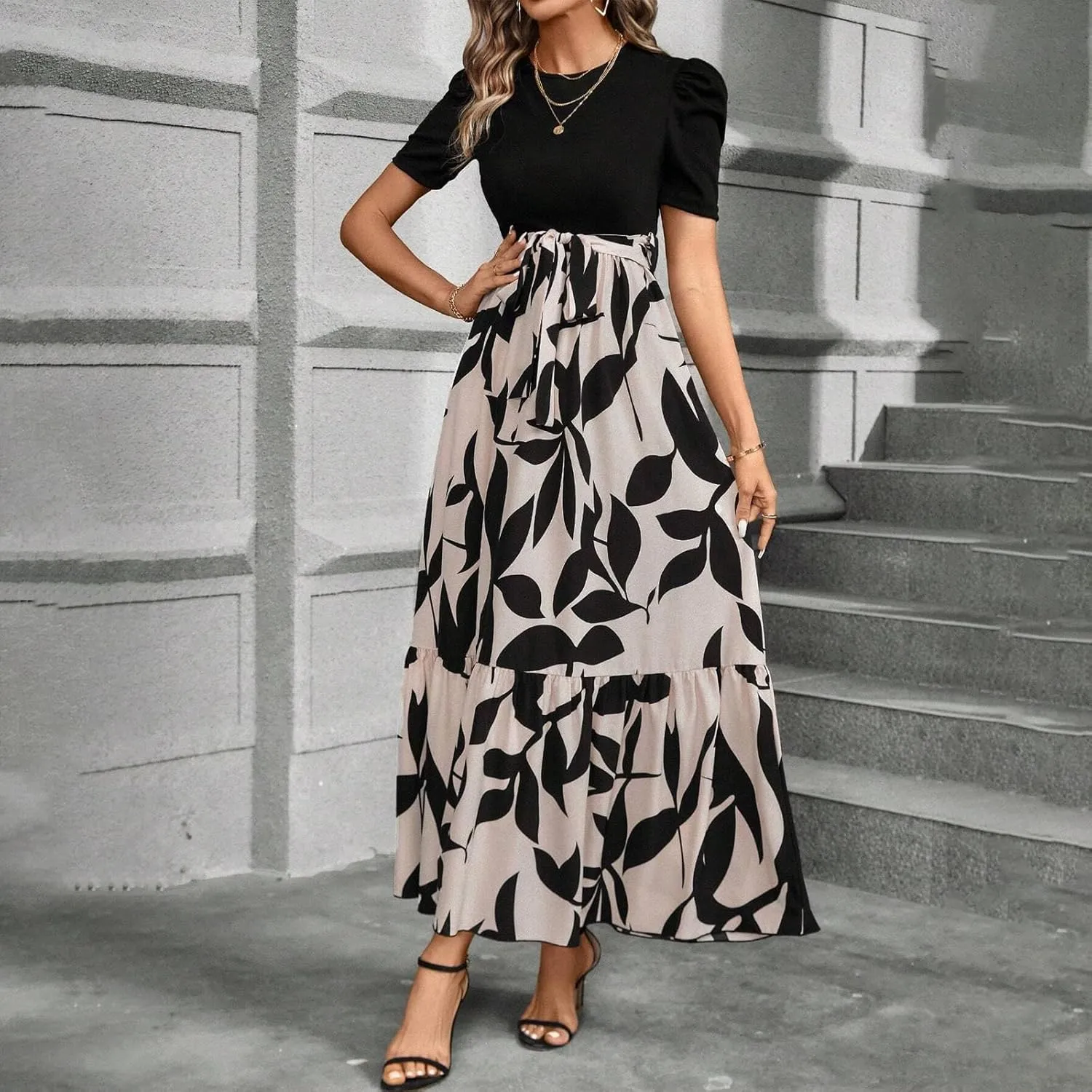 Floral Dress for Women Summer Puff Sleeve Patchwork Empire Waist Maxi Dresses Graduation Belt Crewneck Boho Sundress