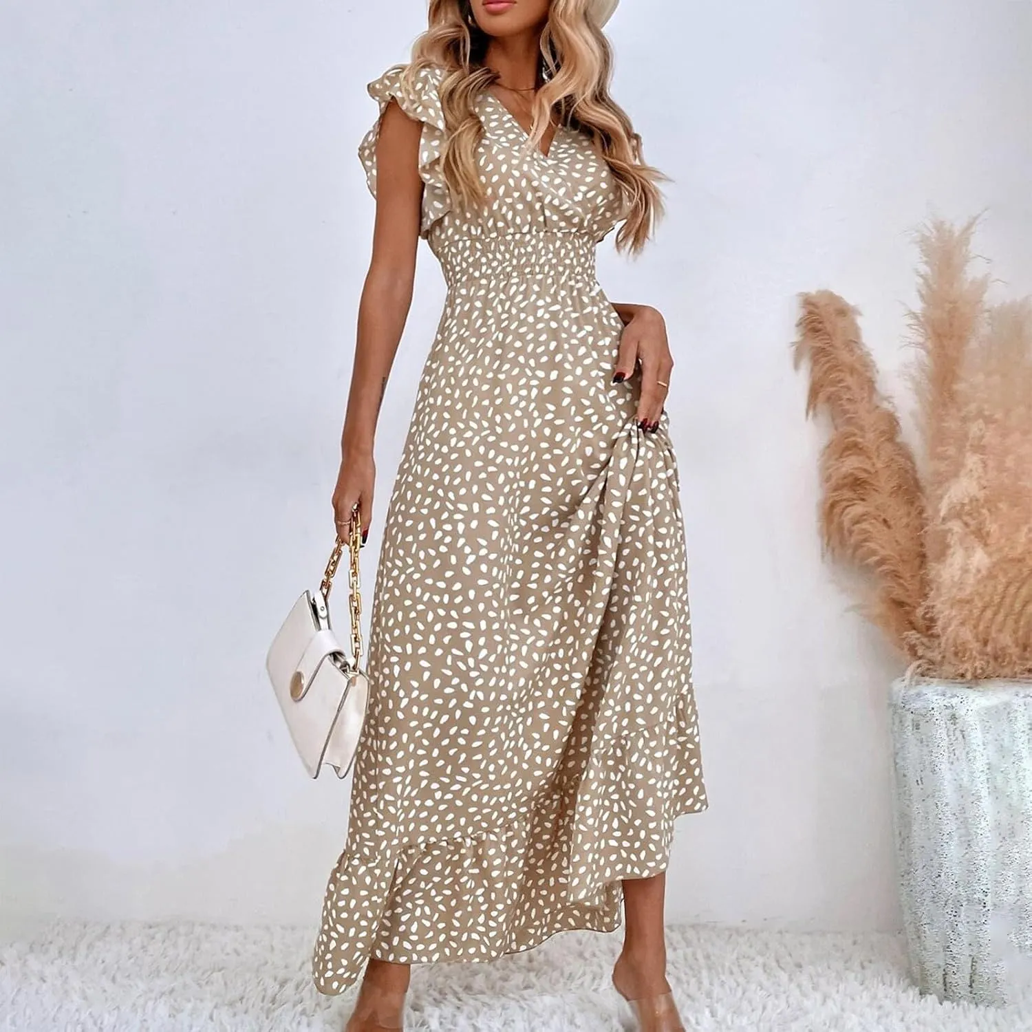 Floral Dress for Women Summer V Neck Ruffle Cap Sleeve Long Dresses Flowy Boho Casual Beach Vacation Dress