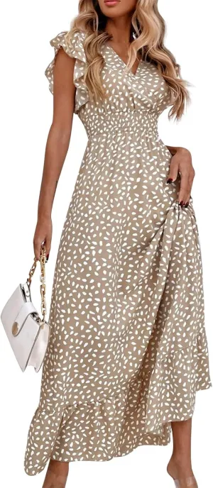 Floral Dress for Women Summer V Neck Ruffle Cap Sleeve Long Dresses Flowy Boho Casual Beach Vacation Dress