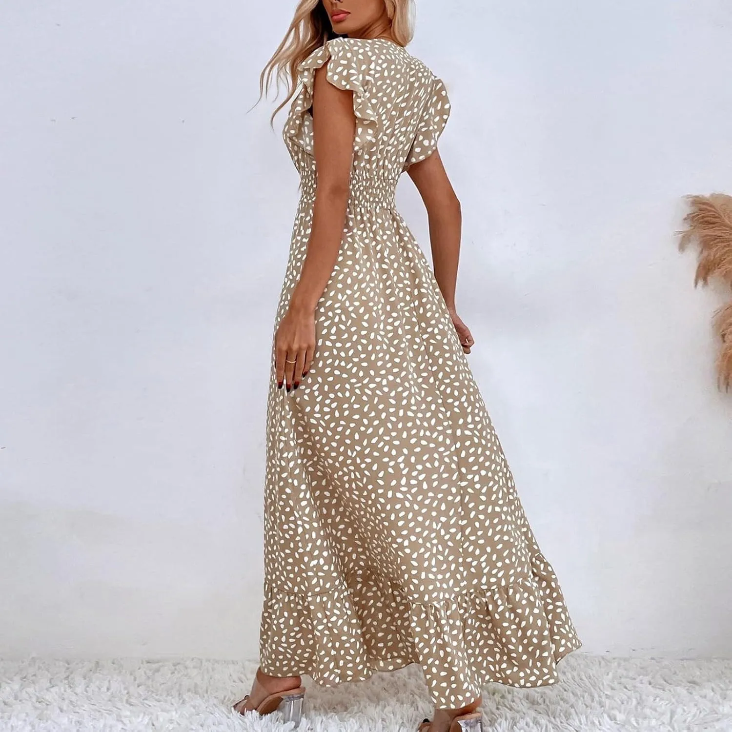 Floral Dress for Women Summer V Neck Ruffle Cap Sleeve Long Dresses Flowy Boho Casual Beach Vacation Dress