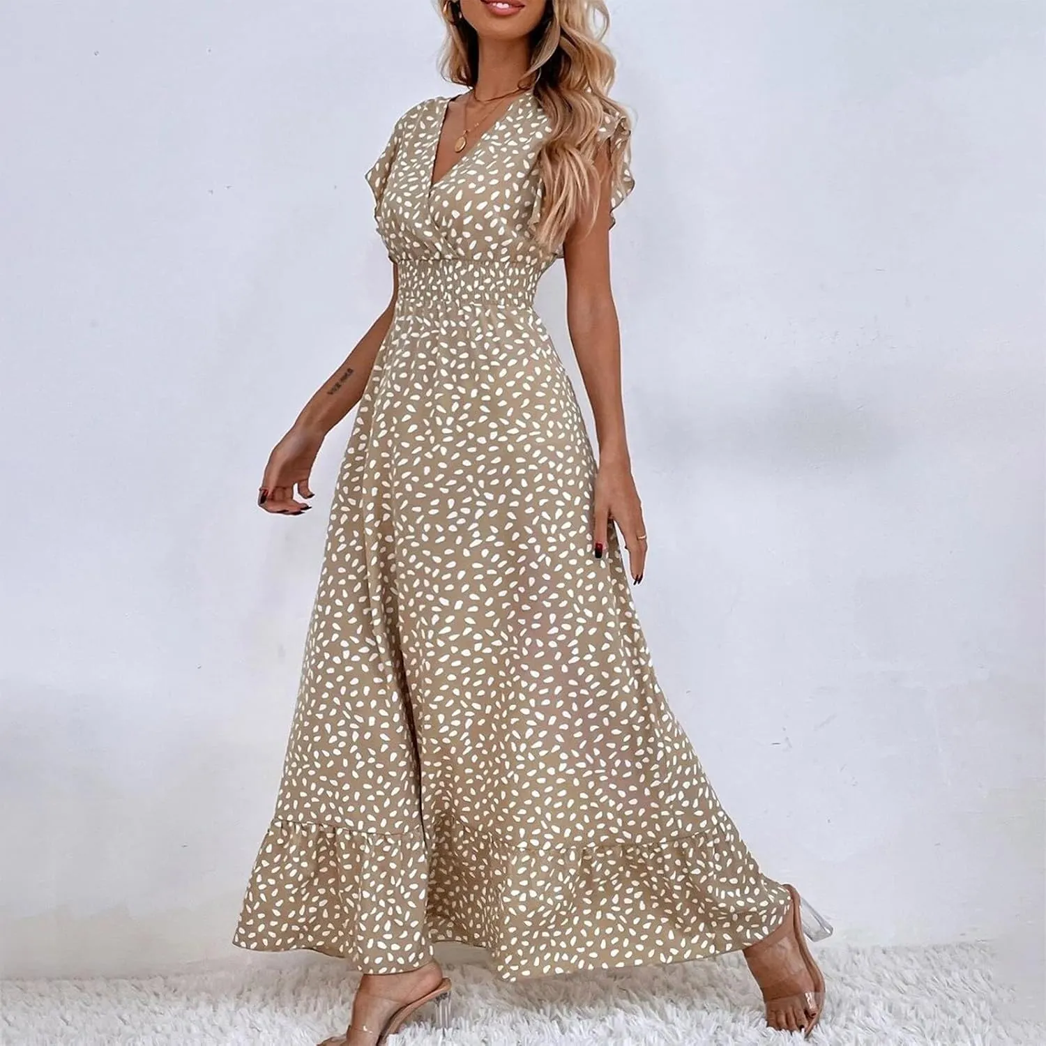 Floral Dress for Women Summer V Neck Ruffle Cap Sleeve Long Dresses Flowy Boho Casual Beach Vacation Dress