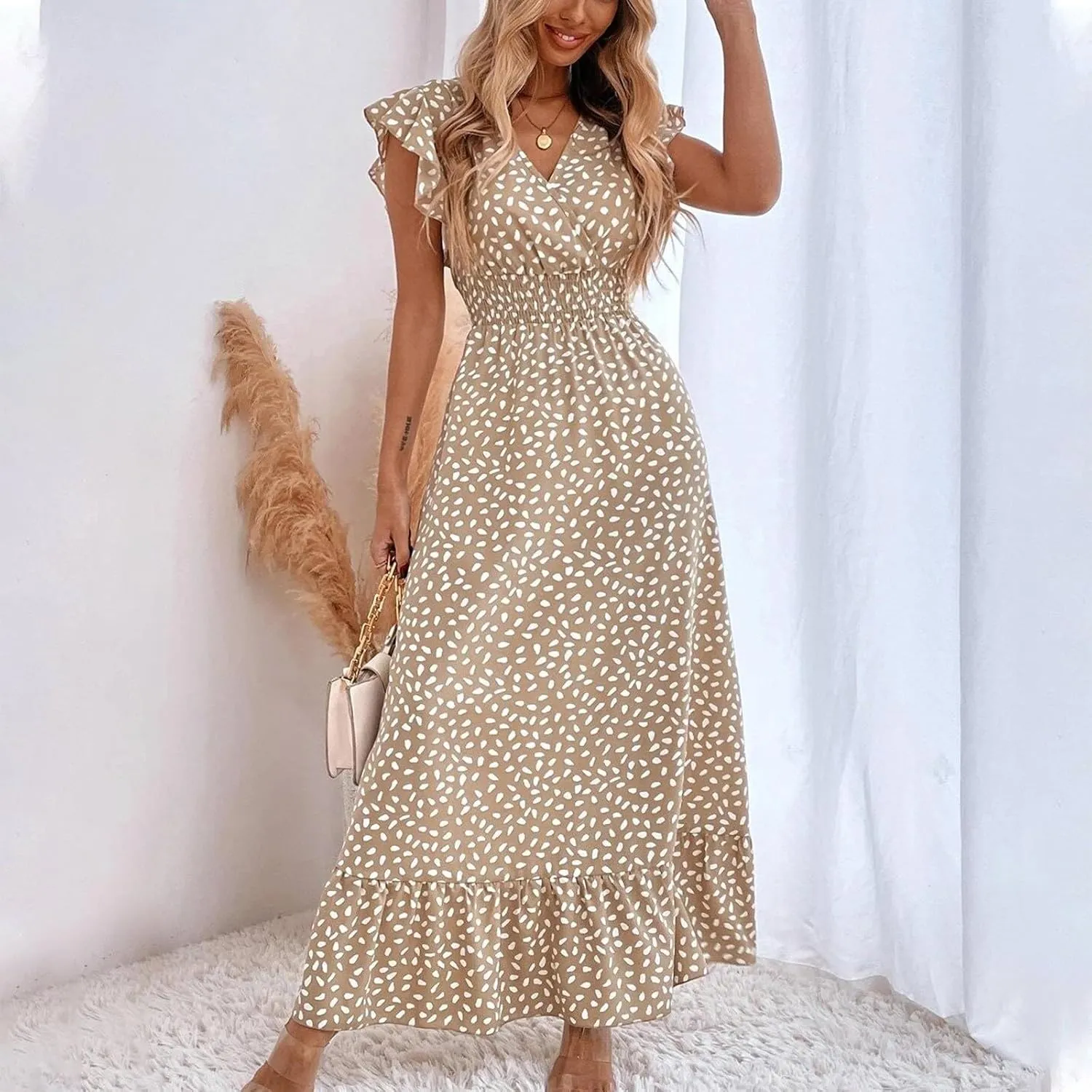 Floral Dress for Women Summer V Neck Ruffle Cap Sleeve Long Dresses Flowy Boho Casual Beach Vacation Dress