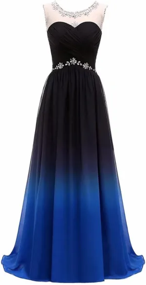 FTBY Womens Ombre Evening Dresses Gradient Chiffon Beaded Long Formal Halter Prom Gowns