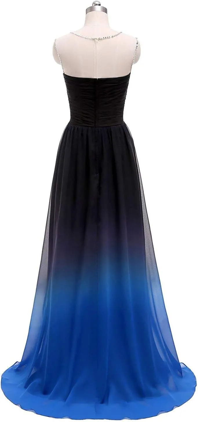 FTBY Womens Ombre Evening Dresses Gradient Chiffon Beaded Long Formal Halter Prom Gowns