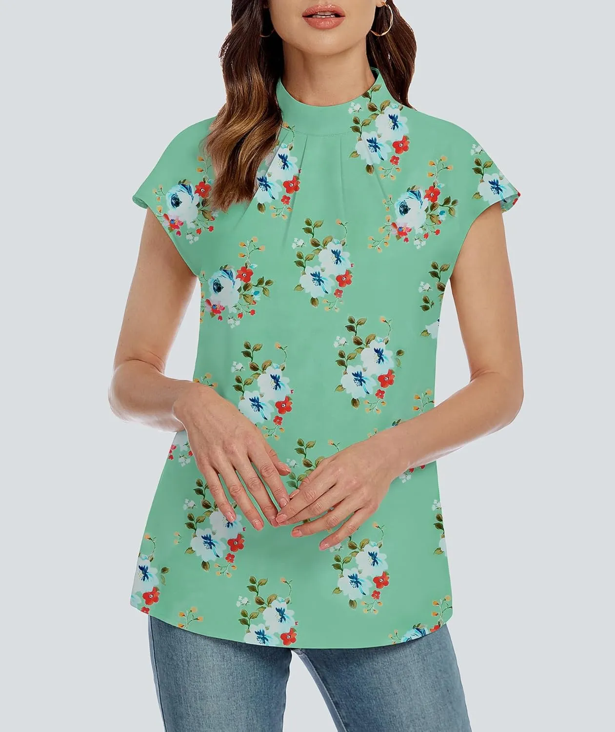 Funlingo Womens Summer Tops Mock Neck Short Cap Sleeve Blouses Business Casual Work Chiffon Shirts Front Pleated Tunic Top