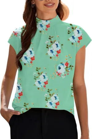 Funlingo Womens Summer Tops Mock Neck Short Cap Sleeve Blouses Business Casual Work Chiffon Shirts Front Pleated Tunic Top