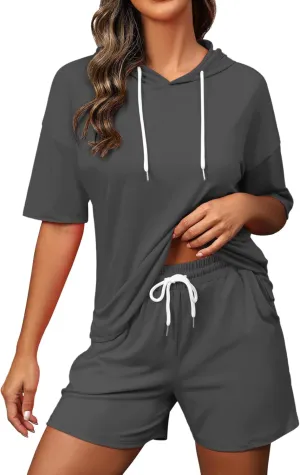 FUPHINE Women's Two Piece Outfits Shorts Sets Summer Sweatsuit Sets Short Sleeve Hoodie and Bottoms Loungewear with Pocket