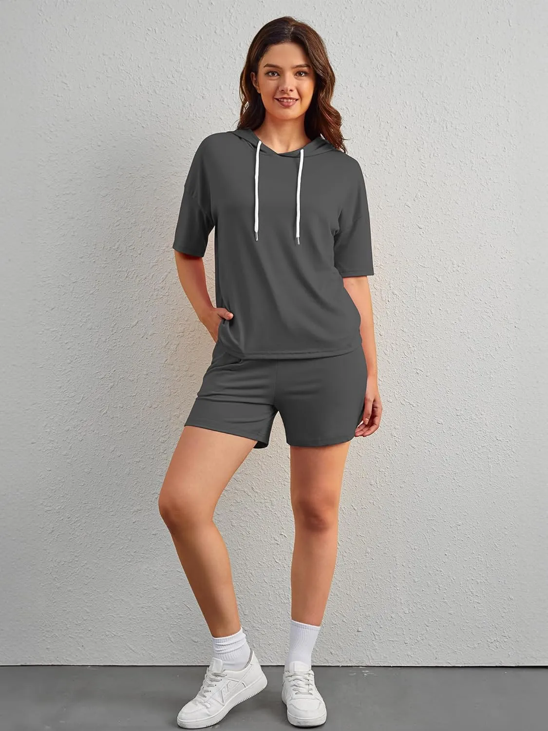 FUPHINE Women's Two Piece Outfits Shorts Sets Summer Sweatsuit Sets Short Sleeve Hoodie and Bottoms Loungewear with Pocket