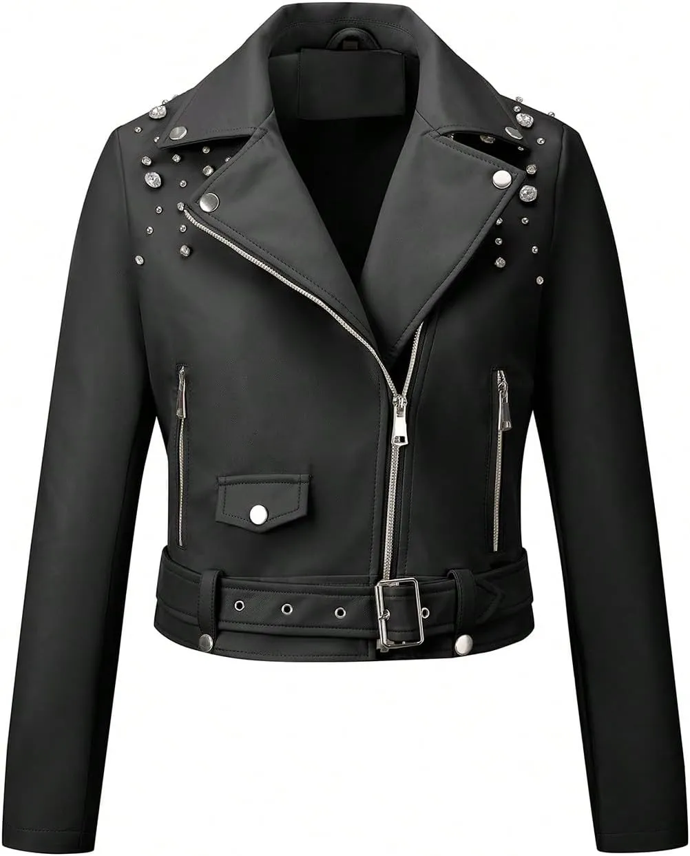 Giolshon Women's Faux Leather Studded Jacket Moto Biker Short Rhinestones Fall PU Long Sleeve Open Front Coat