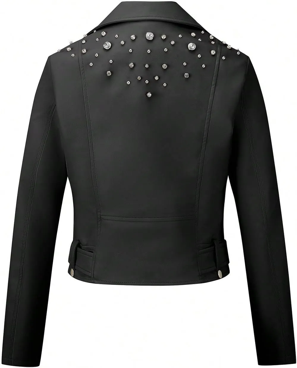 Giolshon Women's Faux Leather Studded Jacket Moto Biker Short Rhinestones Fall PU Long Sleeve Open Front Coat