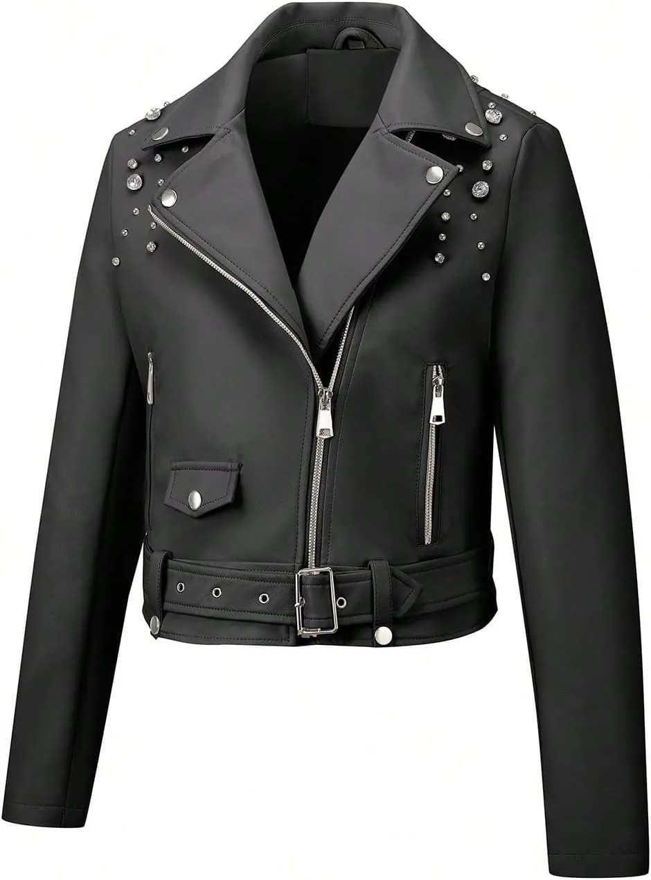Giolshon Women's Faux Leather Studded Jacket Moto Biker Short Rhinestones Fall PU Long Sleeve Open Front Coat