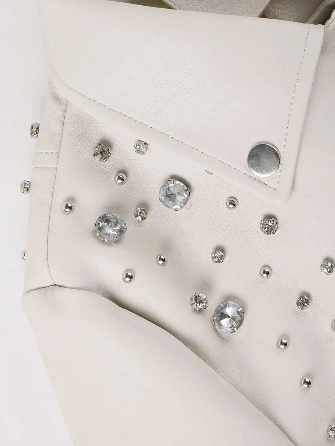 Giolshon Women's Faux Leather Studded Jacket Moto Biker Short Rhinestones Fall PU Long Sleeve Open Front Coat