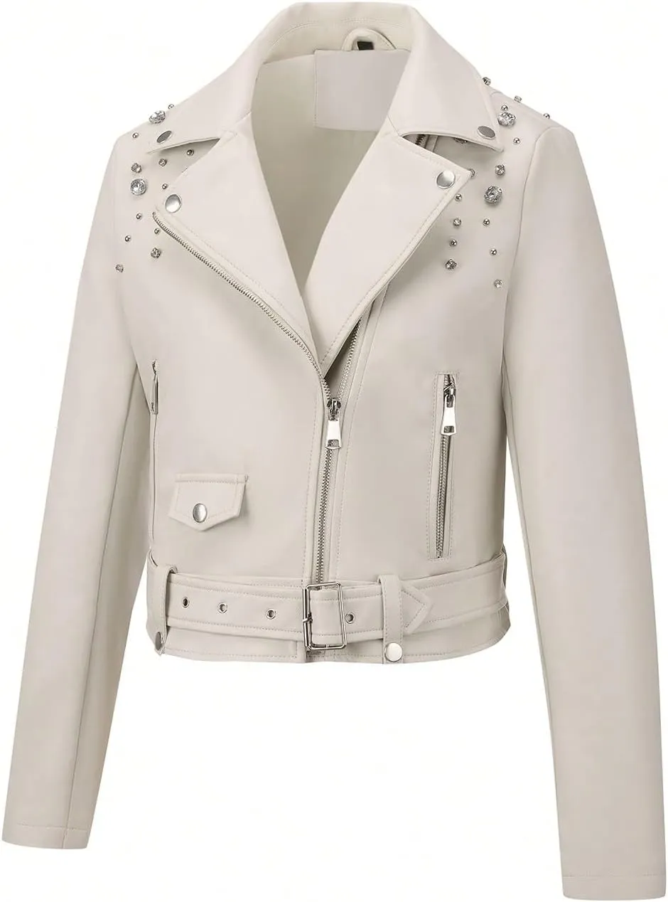 Giolshon Women's Faux Leather Studded Jacket Moto Biker Short Rhinestones Fall PU Long Sleeve Open Front Coat