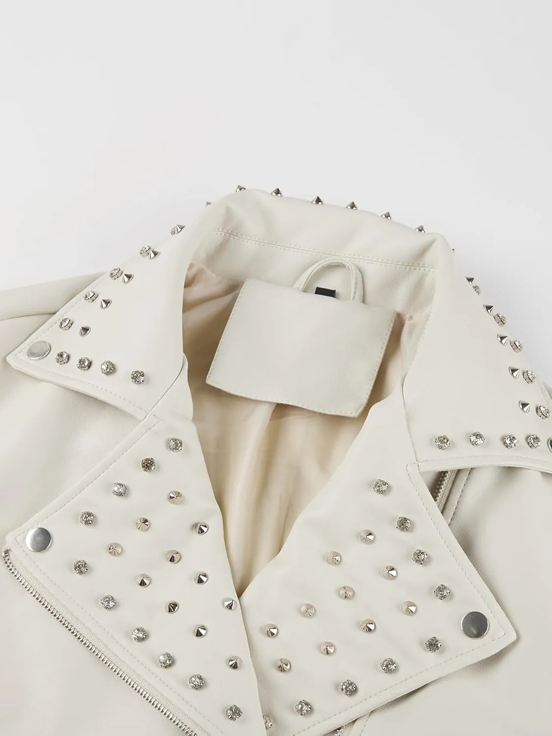 Giolshon Women's Faux Leather Studded Jacket Moto Biker Short Rhinestones Fall PU Long Sleeve Open Front Coat