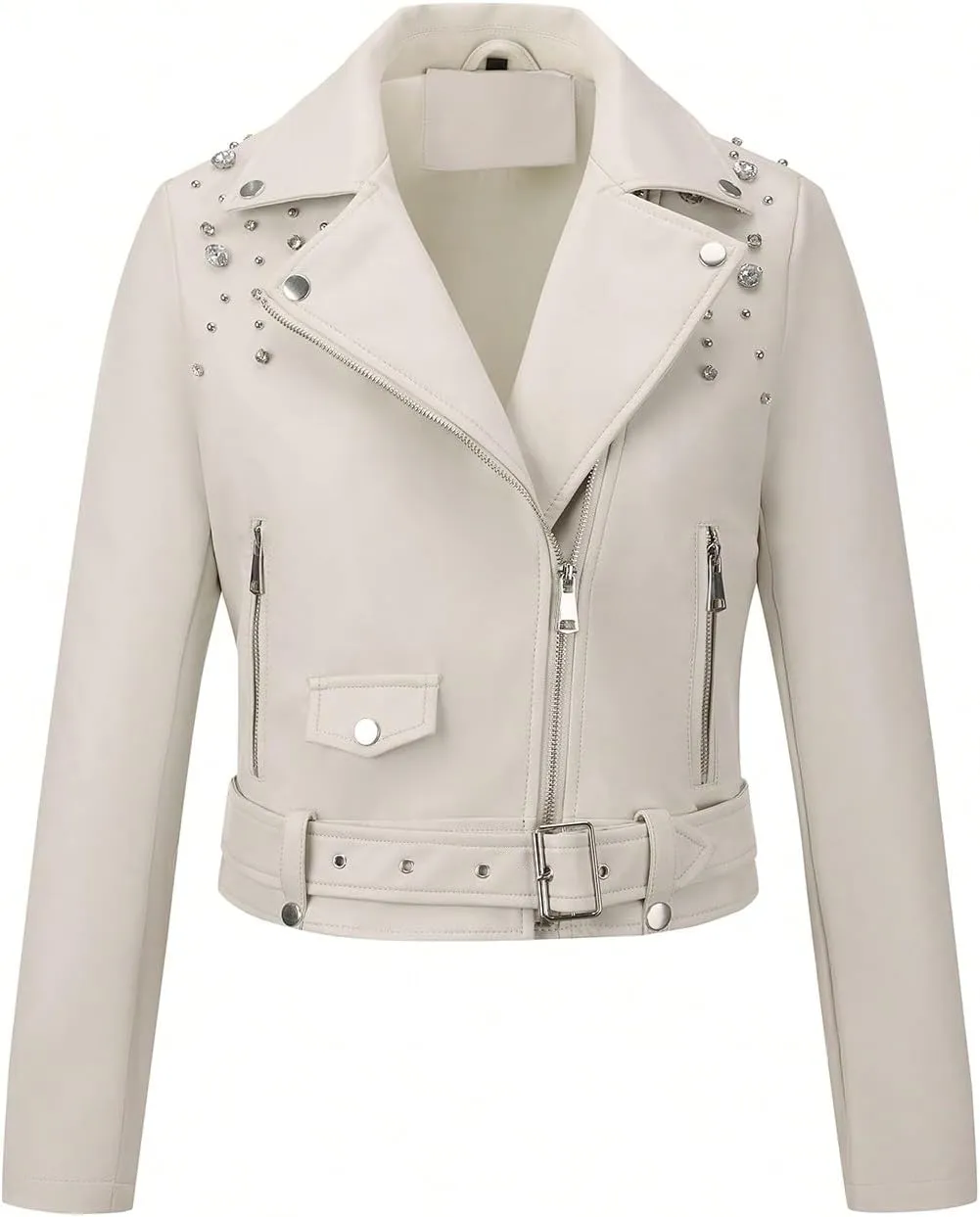 Giolshon Women's Faux Leather Studded Jacket Moto Biker Short Rhinestones Fall PU Long Sleeve Open Front Coat