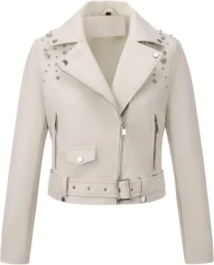 Giolshon Women's Faux Leather Studded Jacket Moto Biker Short Rhinestones Fall PU Long Sleeve Open Front Coat
