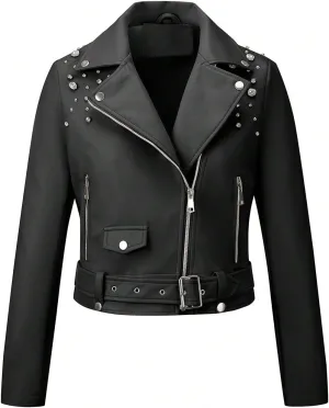 Giolshon Women's Faux Leather Studded Jacket Moto Biker Short Rhinestones Fall PU Long Sleeve Open Front Coat