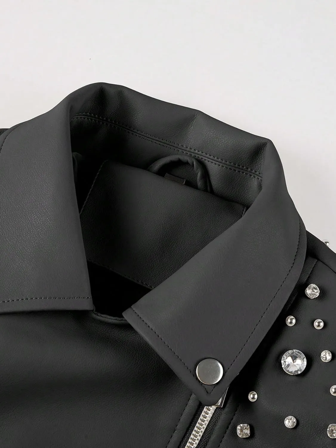 Giolshon Women's Faux Leather Studded Jacket Moto Biker Short Rhinestones Fall PU Long Sleeve Open Front Coat