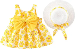 Girls Summer Dress Infant Floral Suspenders Dress Baby Princess Outfits Clothes Hat Girls Dress Kids for 1-4 Years