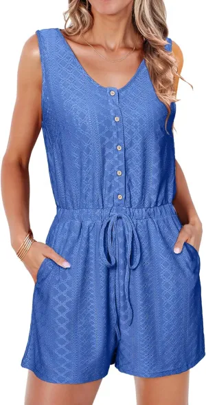 Glamaker Womens Sleeveless Summer Romper - Casual Button Drawstring Beach Romper Eyelet Short Jumpsuit Vacation Outfits