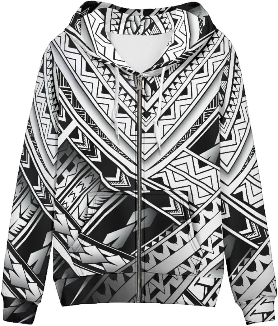 GLUDEAR Women Polynesian Tribal Print Zip Up Hoodies Long Sleeve Hooded Sweatshirts Oversized Casual Jacket