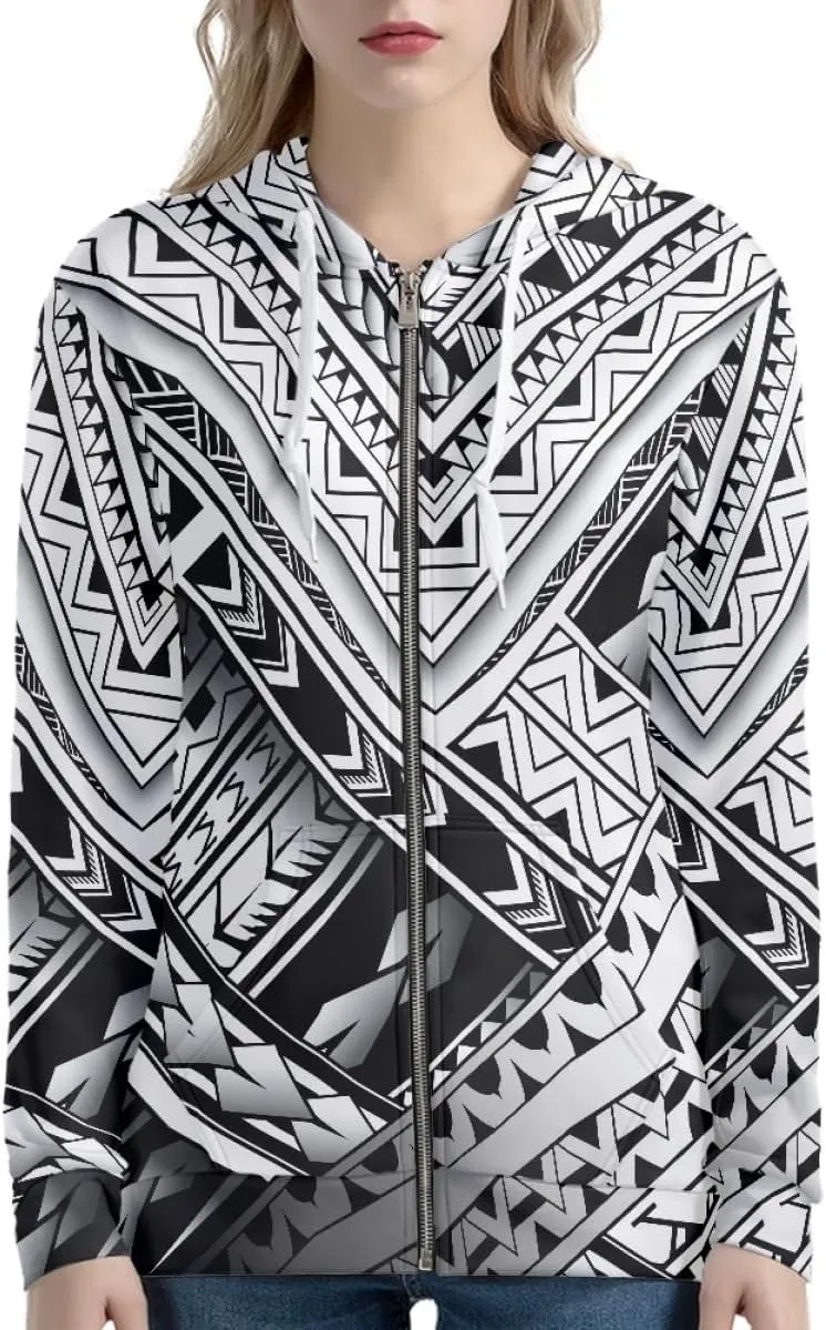 GLUDEAR Women Polynesian Tribal Print Zip Up Hoodies Long Sleeve Hooded Sweatshirts Oversized Casual Jacket