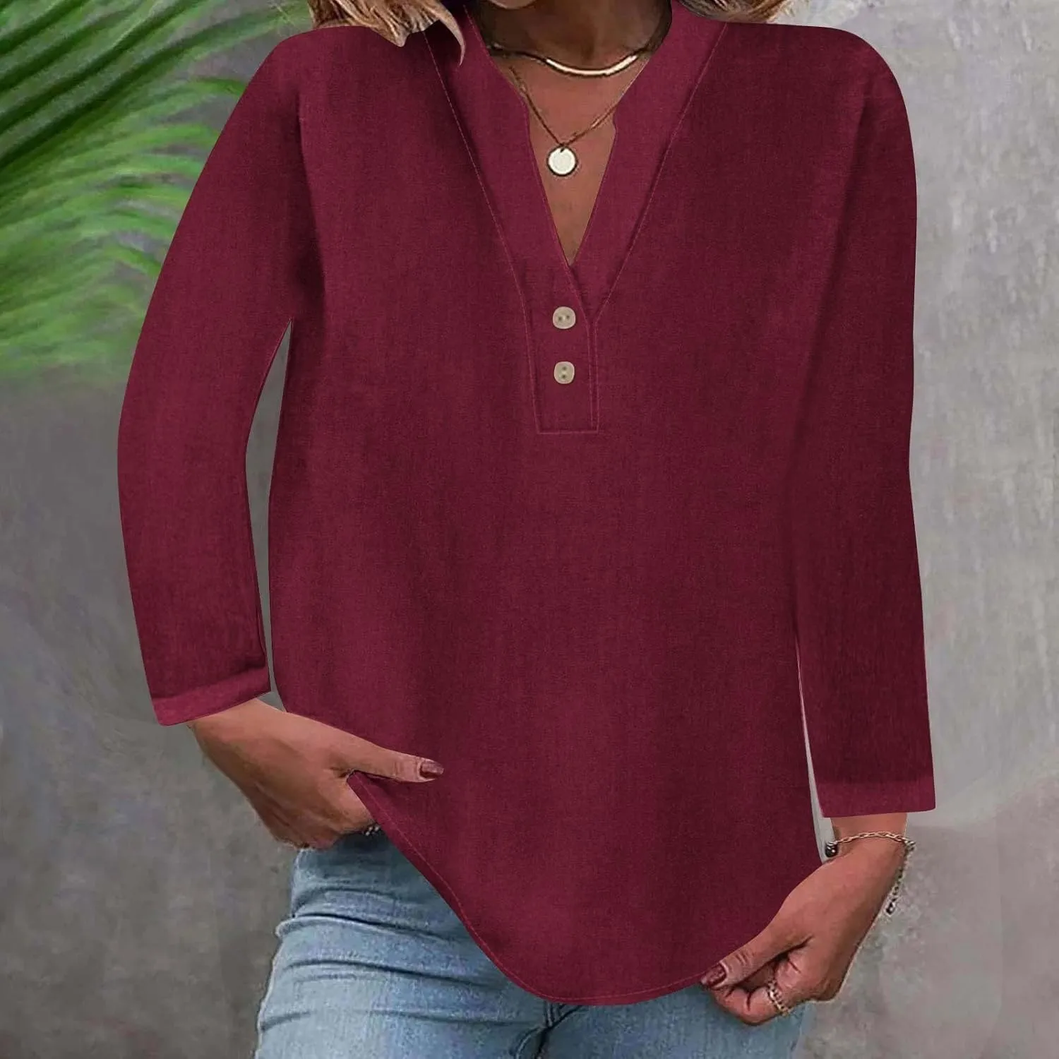 Going Out Tops for Women V Neck Long Sleeve Top Button Down Plain Blouses Cotton Loose Fit Shirts Womens Fashion