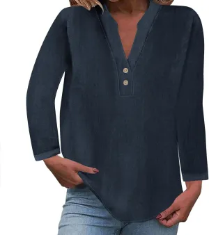 Going Out Tops for Women V Neck Long Sleeve Top Button Down Plain Blouses Cotton Loose Fit Shirts Womens Fashion