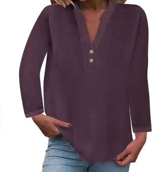 Going Out Tops for Women V Neck Long Sleeve Top Button Down Plain Blouses Cotton Loose Fit Shirts Womens Fashion
